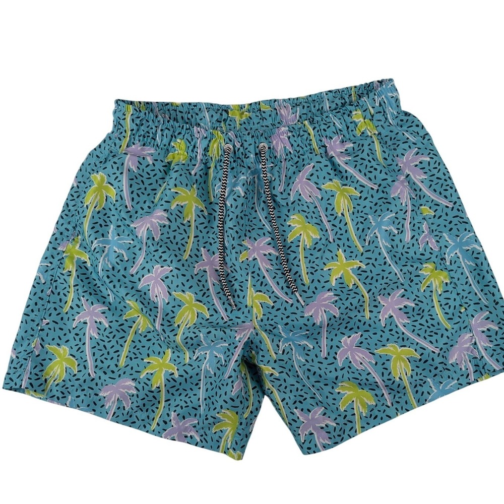 Boardies Apparel Mens L Blue Palm Tree Print Swim Trunks Mesh Lined 5 Inseam